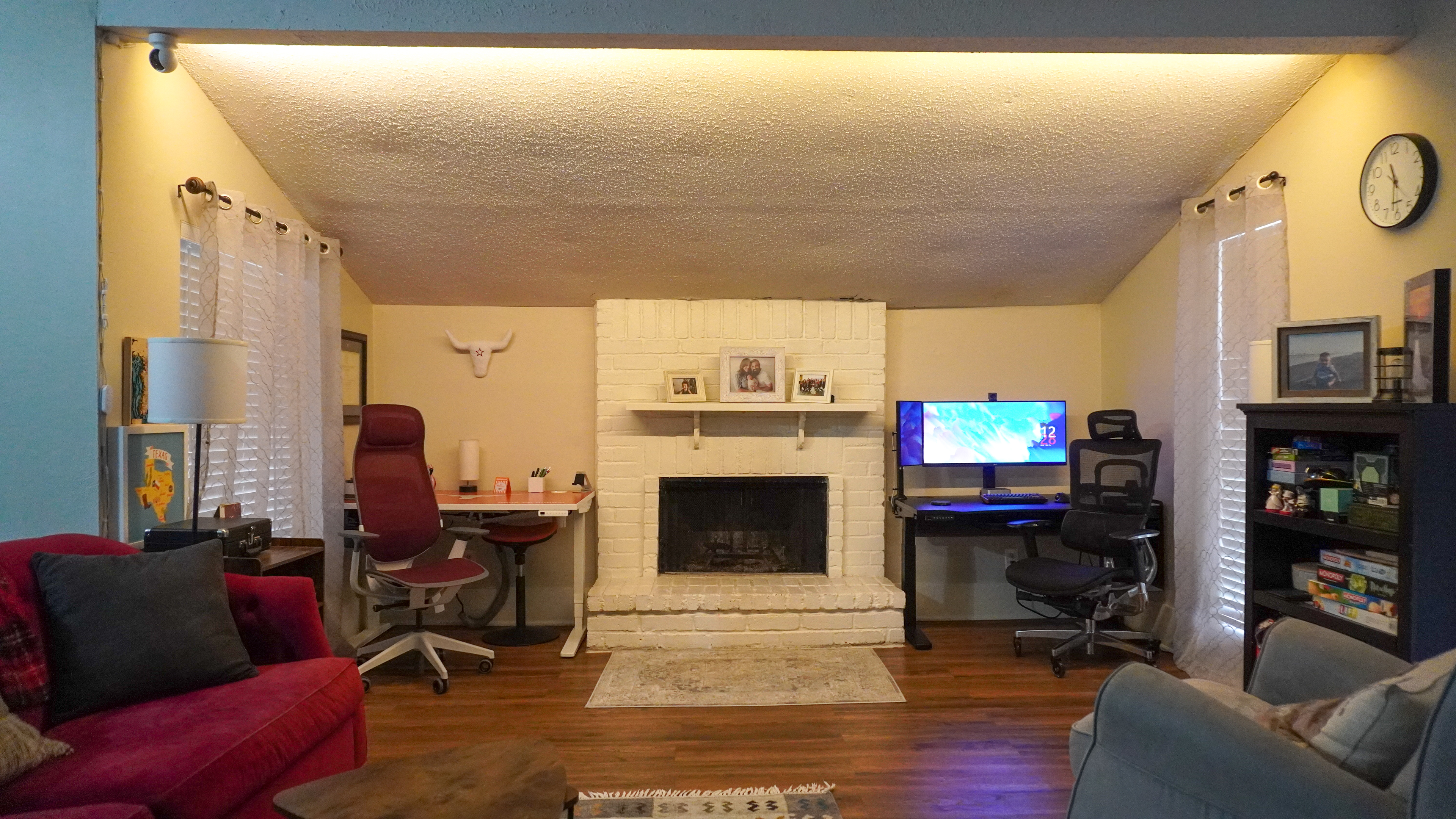 A room lit entirely by the Govee Strip Light with Skyline Kit mounted behind a beam on the ceiling