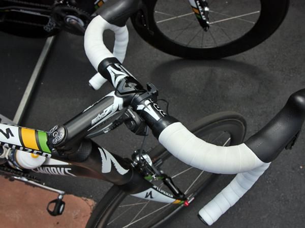 The satellite Shimano Dura-Ace Di2 shifter on this HTC-Highroad bike allows riders to shift from the tops.