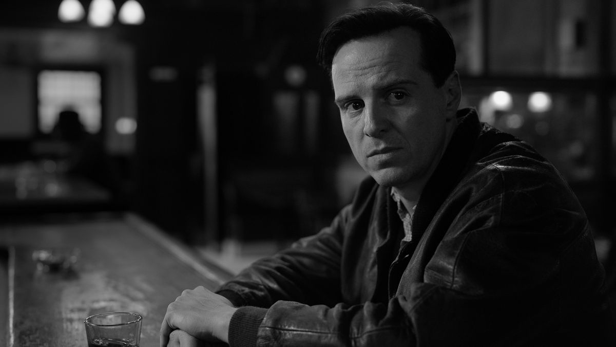 Andrew Scott rests against a bar counter in Netflix&#039;s Ridley.