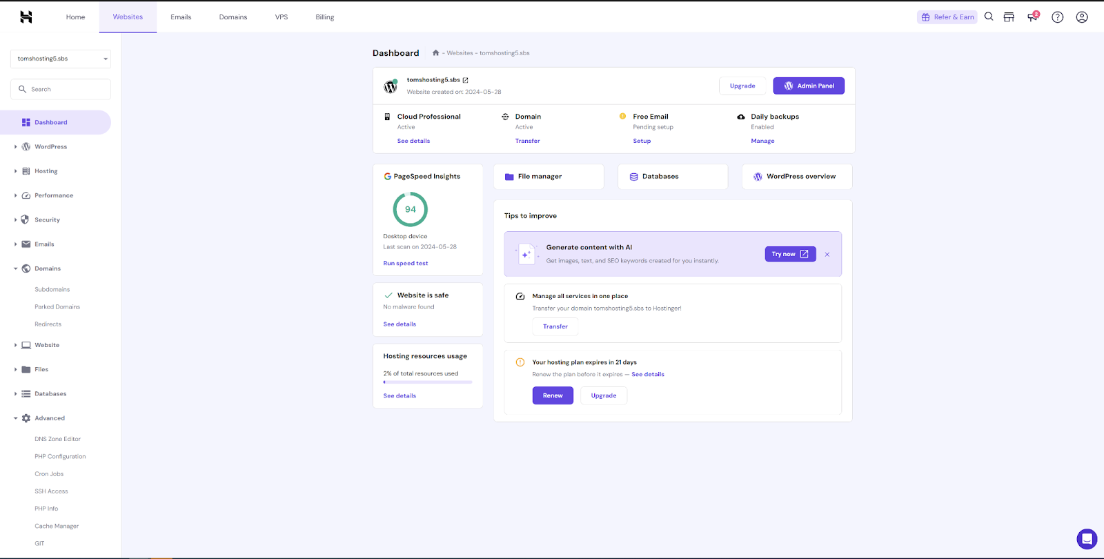 Hostinger hPanel Software for Cloud Hosting