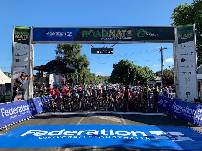 The start of the elite women's road race at the 2019 Australian Road National Championships