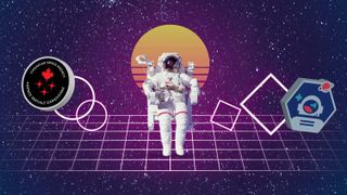 a stylized graphic of an astronaut floating in front of a purple background with stars. two logos are represented on the side. on the left is the canadian space agency logo. on the right is an astronaut with a plus sign and a saturn picture