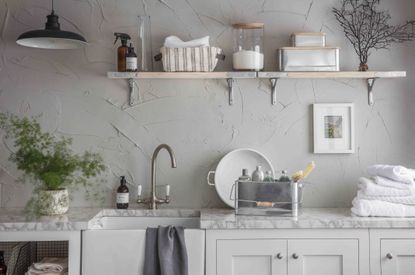 utility room storage with butlers sink and shelves