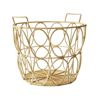 A woven storage basket with a circle pattern