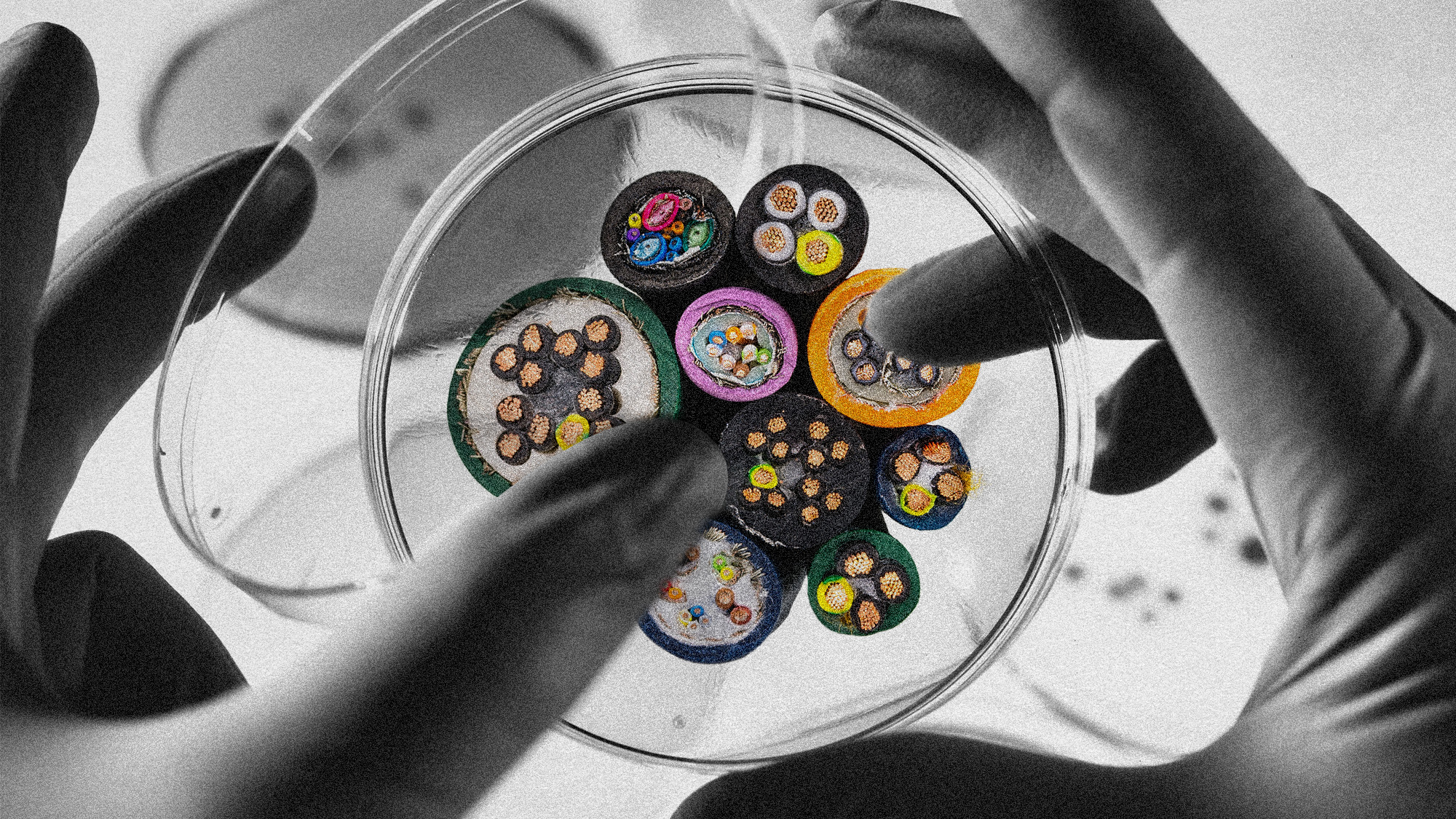 Photo collage of gloved hands holding a Petri dish, with an array of cable cross-sections in the dish. 