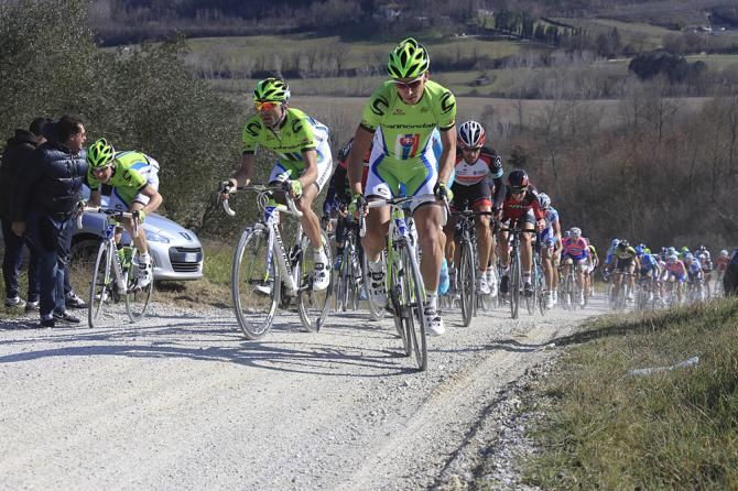 Peter Sagan (Cannondale) hits the front on a gravel sector of Strade Bianche