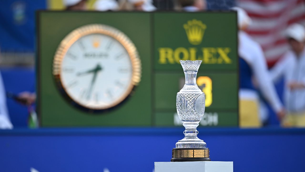 A general view of the Solheim cup trophy in front of a clock at the 2023 event