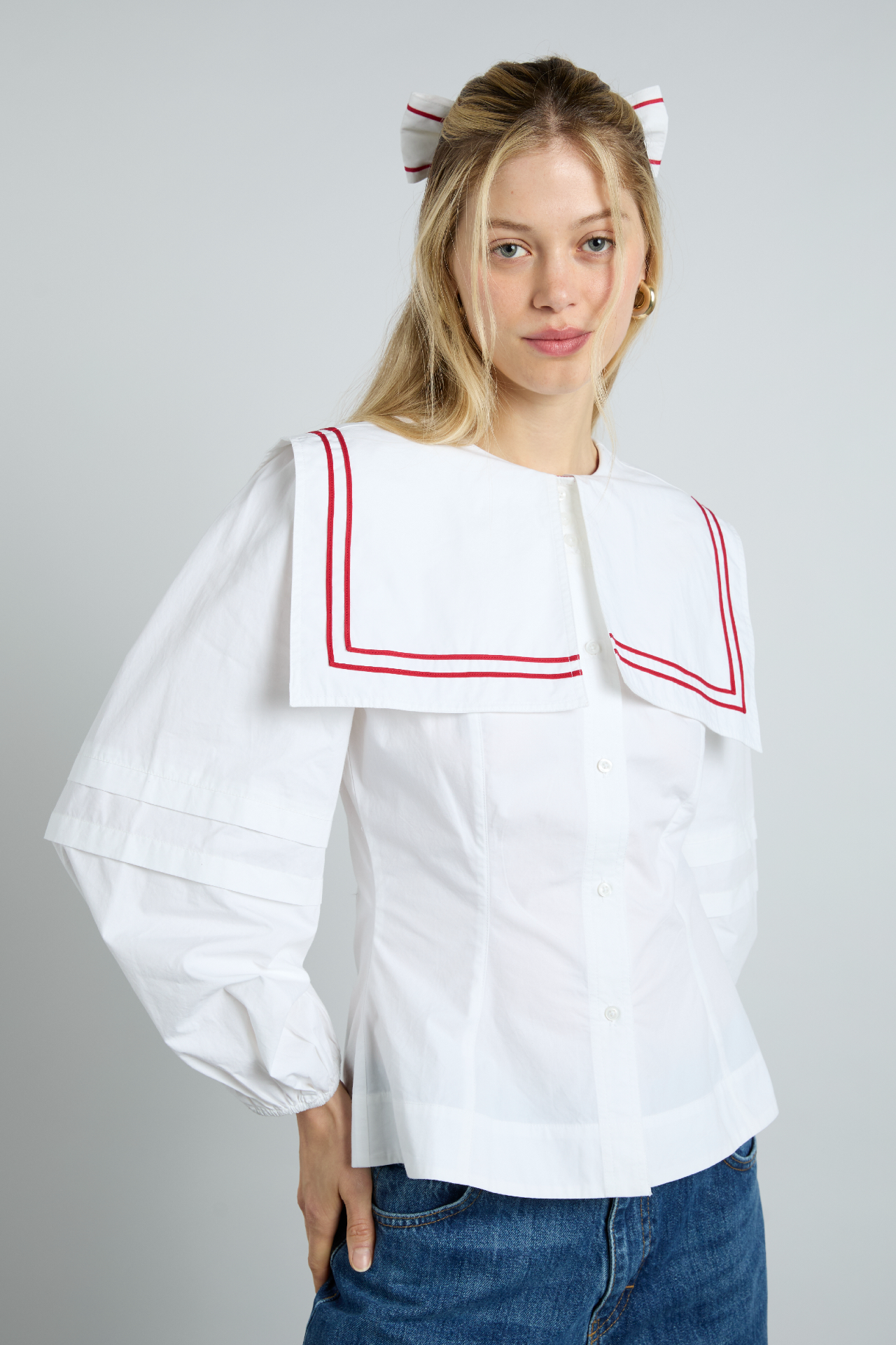 Elise Blouse - White With Red Piping
