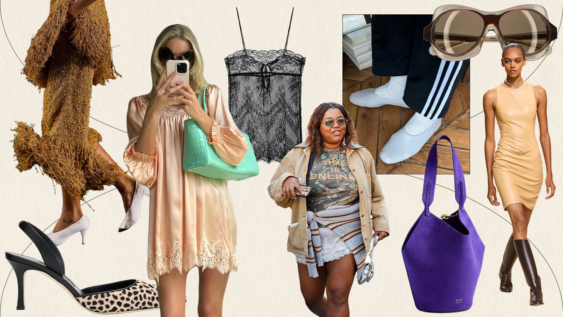A collage featuring various summer 2026 trends on celebrities, stylists, and runway models.