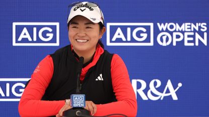 Rose Zhang of the USA addresses a press conference ahead of the AIG Women's Open at Walton Heath Golf Club 