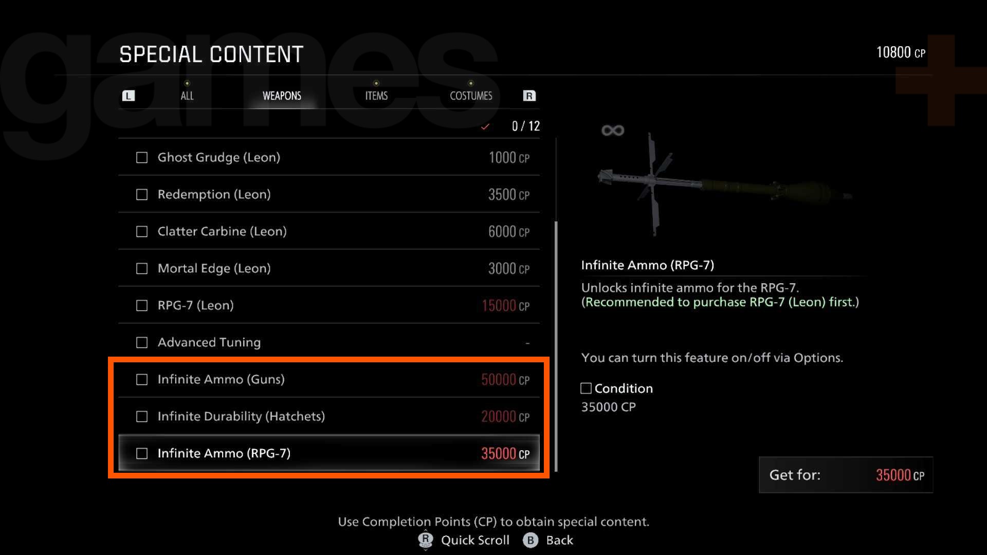 The infinite ammo options in the Special content menu in Resident Evil Requiem.