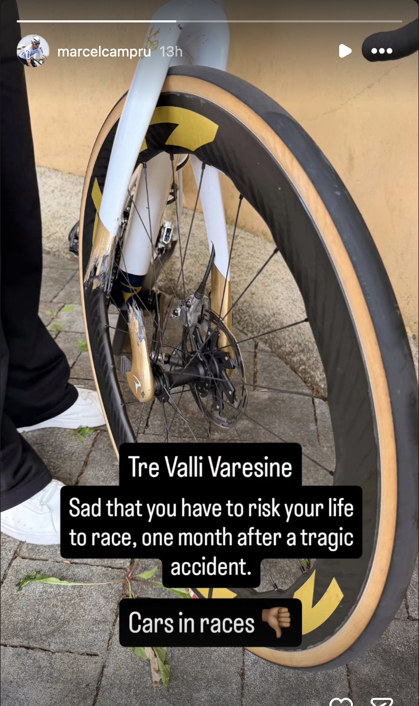 Marcel Camprub&amp;iacute;'s Pinarello bike after an in race incident during the 2026 Tre Valli Varesini.