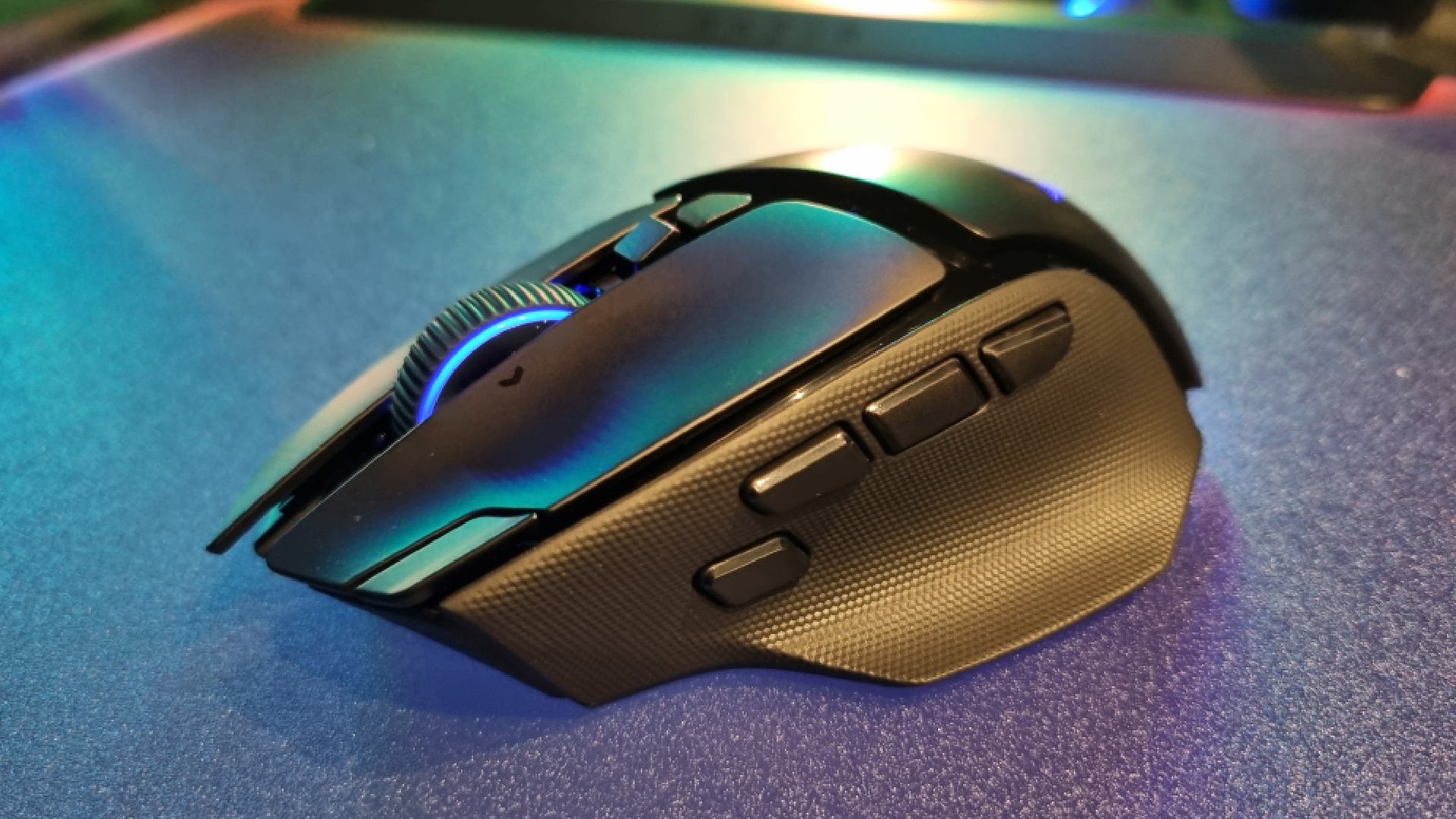 A Razer Basilisk V4 Pro gaming mouse on a desk at the Razer booth at Gamescom 2026
