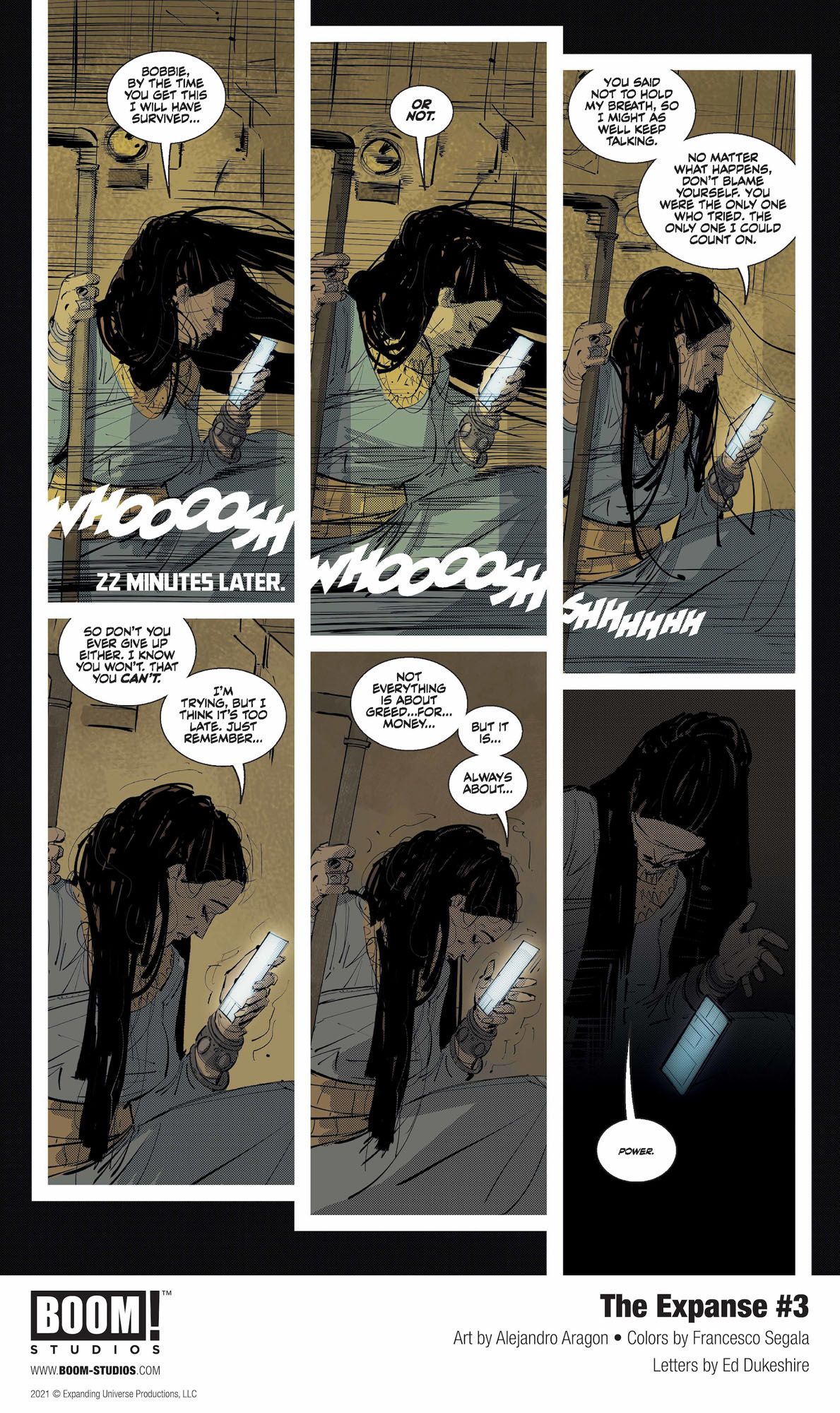 Avasarala and Bobbie face dire threats in "The Expanse" issue three of Boom! Studios' comic book miniseries.