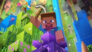 Minecraft - Steve takes aim with his pickaxe at Amethyst inside a lush cave