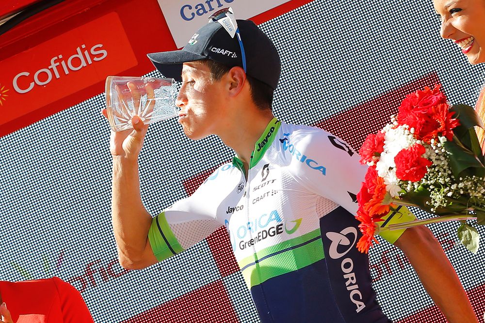 Esteban Chaves (Orica - GreenEdge) on the podium after his win on stage 6 of the Vuelta a Espana