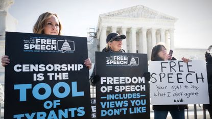 Conservative protesters demonstrate for free speech before Supreme Court