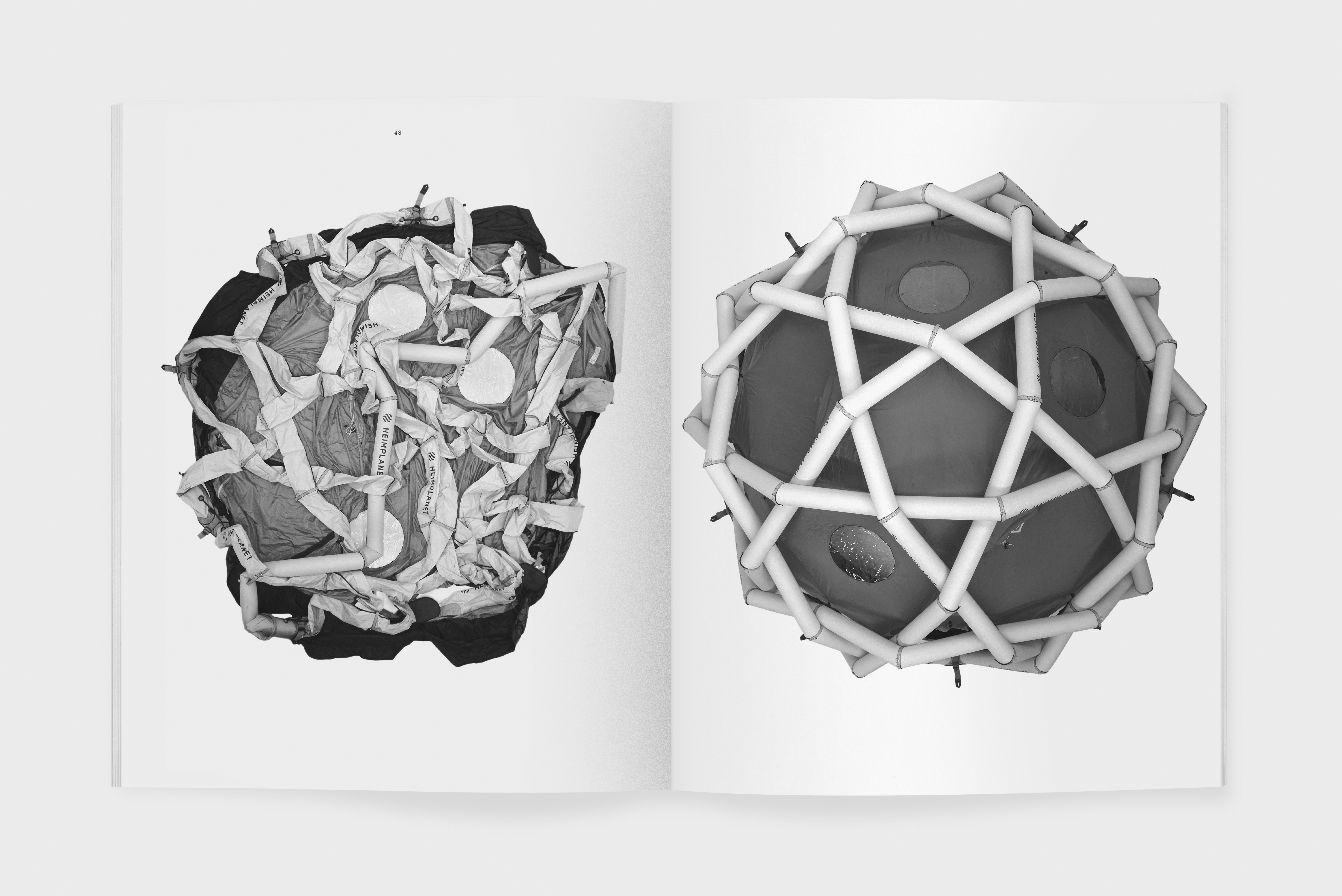 Book spread illustrated with photos of camping tents
