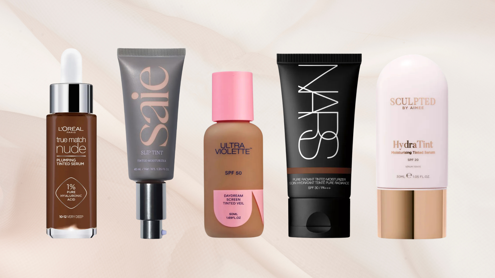 Collage of five of the best tinted moisturisers in this guide from (left to right) L'Or&eacute;al, Saie, Ultra Violette, NARS and Sculpted by Aimee, set against a dusky pink fabric effect background
