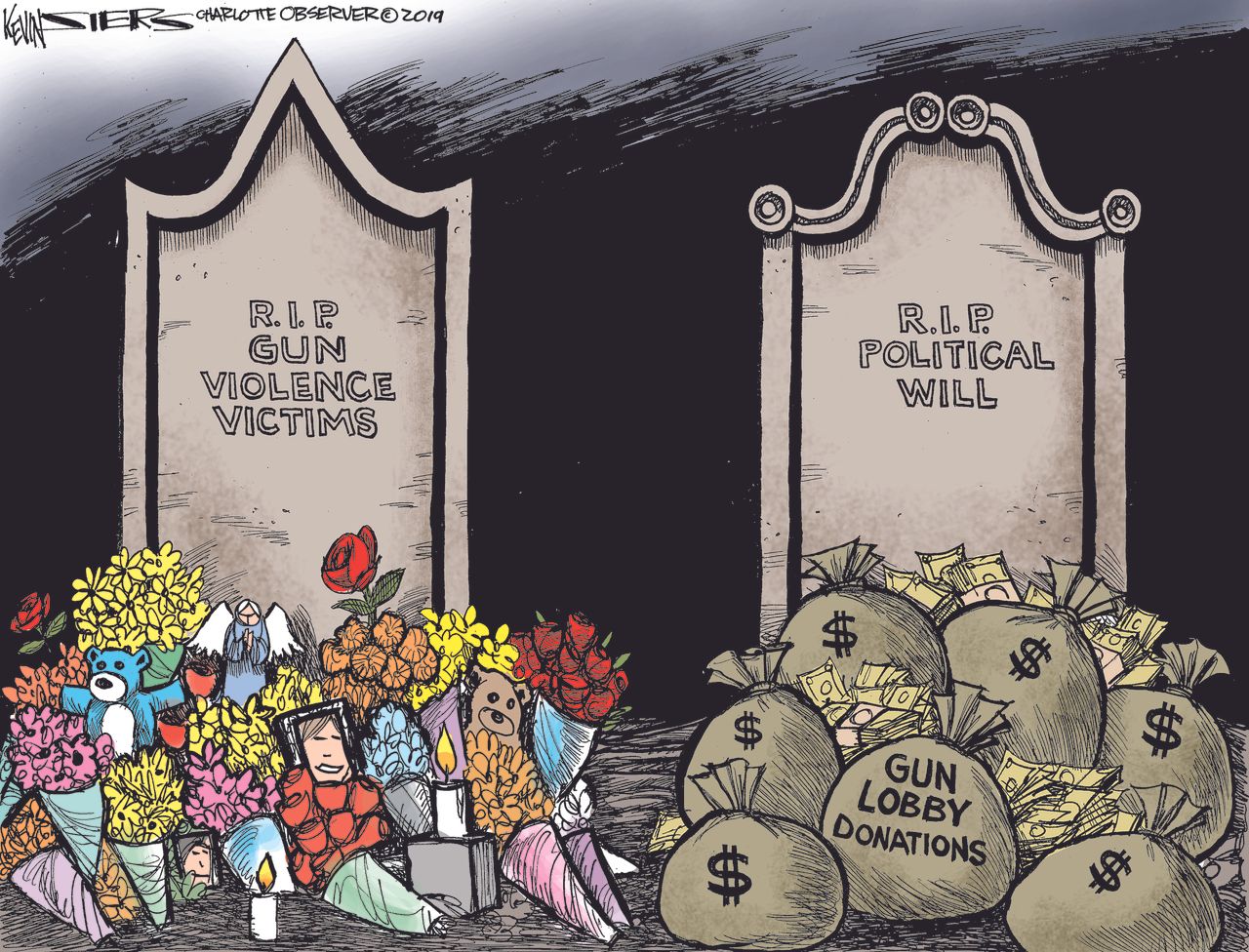 Political Cartoon U.S. Gun Violence Victims Gun Lobby Donations RIP Political Will