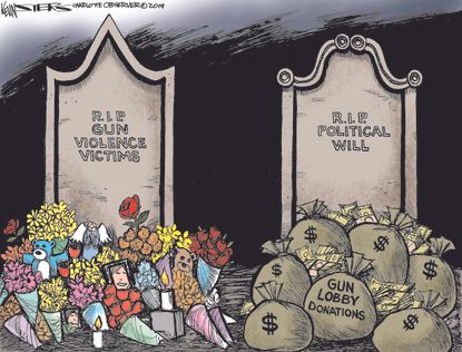 Political Cartoon U.S. Gun Violence Victims Gun Lobby Donations RIP Political Will