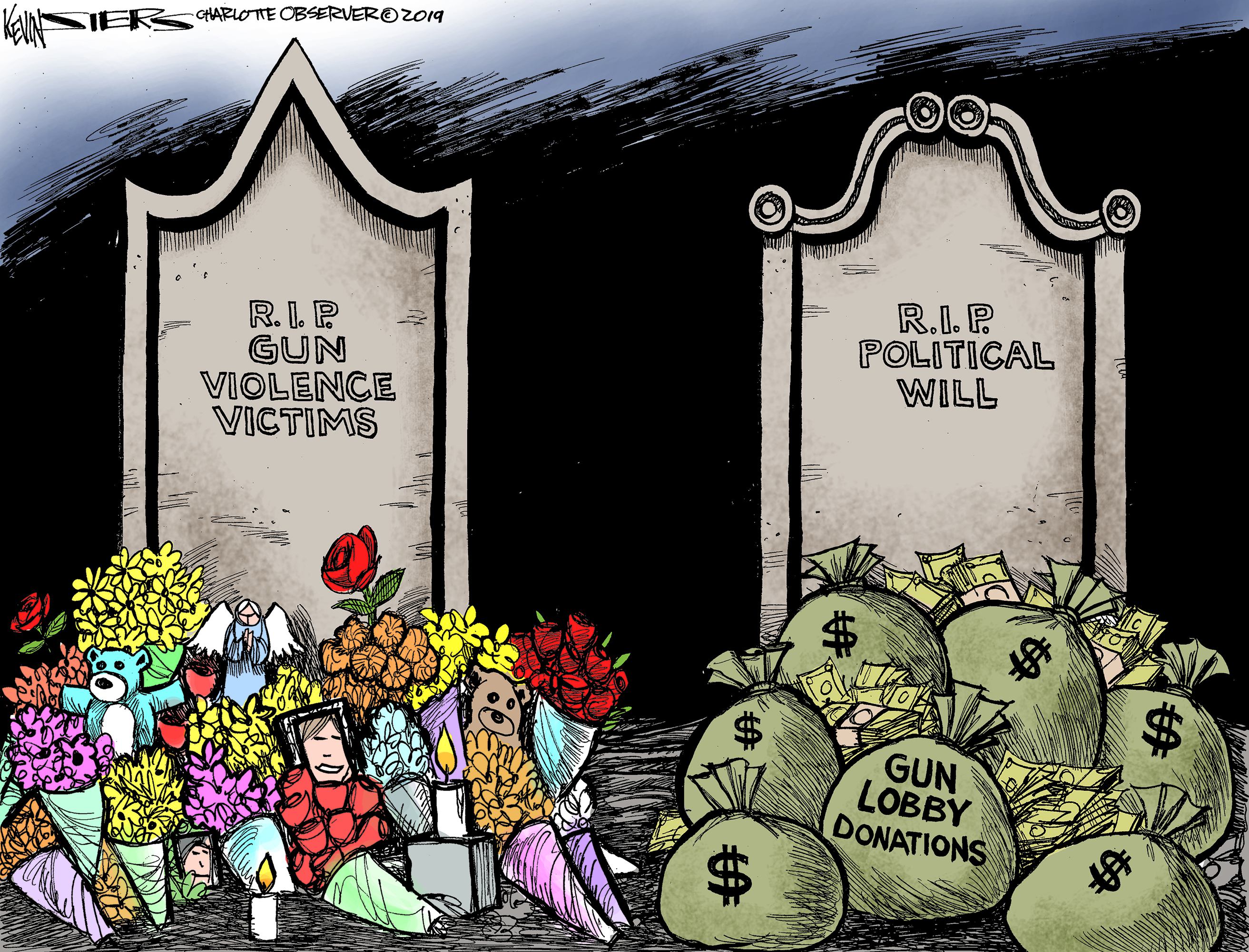 Political Cartoon U.S. Gun Violence Victims Gun Lobby Donations RIP Political Will