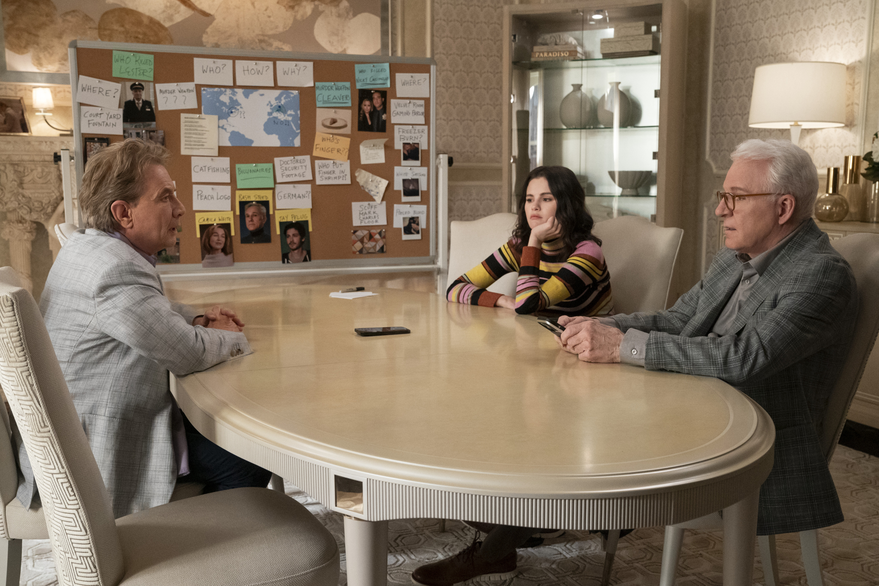 l-r Martin Short as Oliver, Selena Gomez as Mabel, and Steve Martin as Charles in &#039;Only Murders in the Building.&#039;