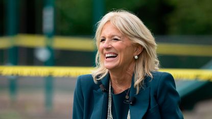 Jill Biden, the wife of Democratic presidential candidate Joe Biden, speaks during a Back to School Tour at Shortlidge Academy in Wilmington, Delaware, on September 1, 2020. (Photo by JIM WATSON / AFP) (Photo by JIM WATSON/AFP via Getty Images)