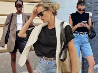 fashion collage featuring three style influencers Sylvie Mus, Anouk Yve, and Sara Walker wearing elevated denim cutoff outfits