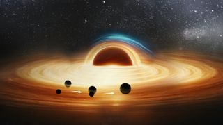 An artist's rendering of a supermassive black hole with two smaller black holes merging as they orbit it