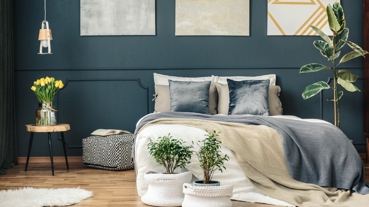 The Sill - Big, cozy bed under posters on dark wall with molding and among plants in bedroom interior