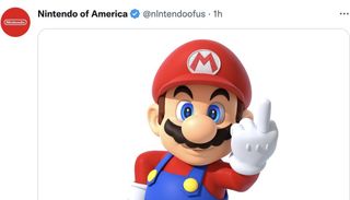 Image of a fraudulent verified tweet of Mario giving the viewer the middle finger