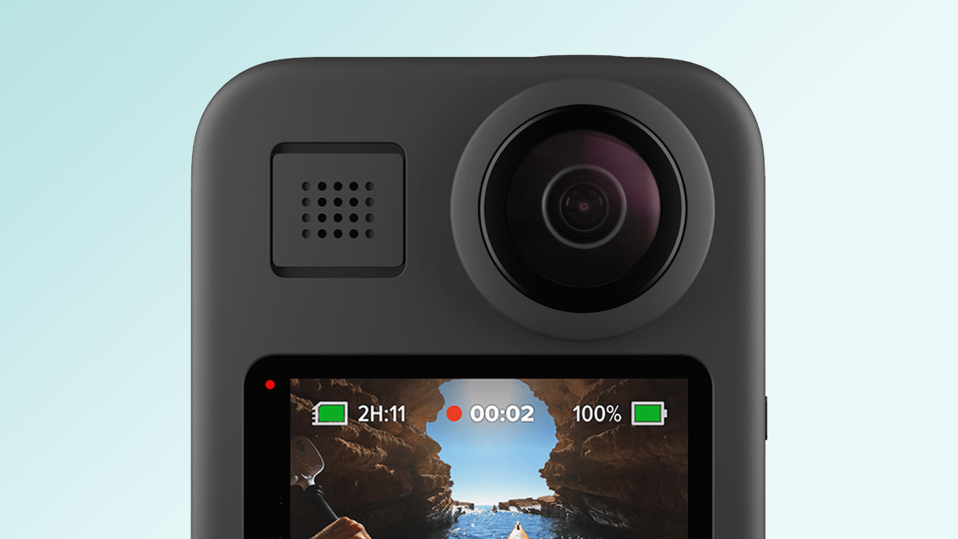 The GoPro Max on a green background