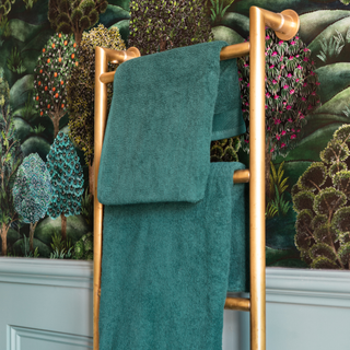 Teal towels on gold towel rail