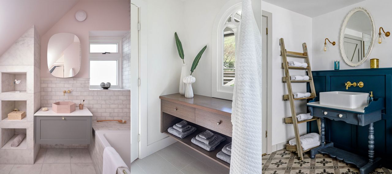 Three examples of bathroom shelf ideas. Ladder shelf in traditional, country bathroom. Low shelf on dark wooden cabinet. Custom built shelving unit with recessed shelves, pink and marble bathroom.