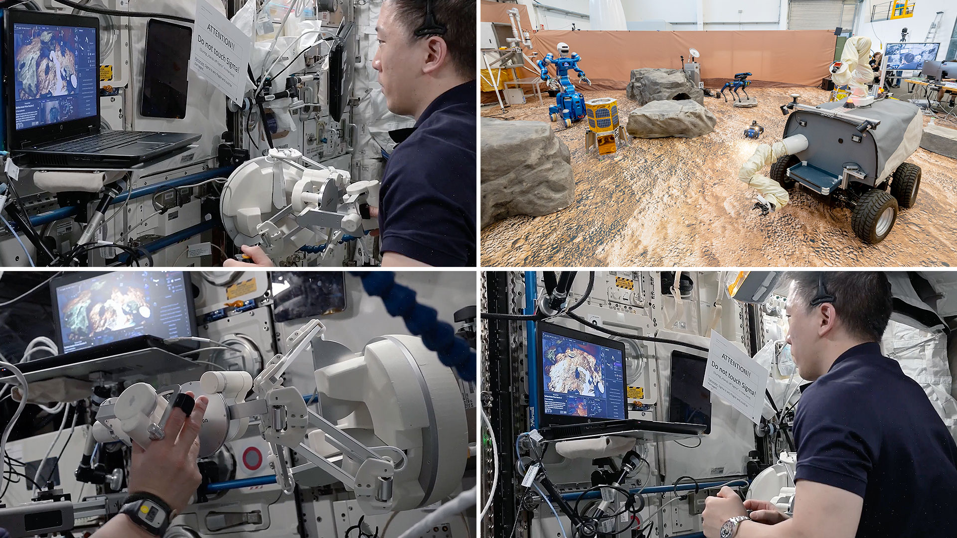 A montage of four photos showing a man with dark hair and light complexion wearing a dark blue short sleeve shirt working with a hand controller and a laptop to teleoperate devices.