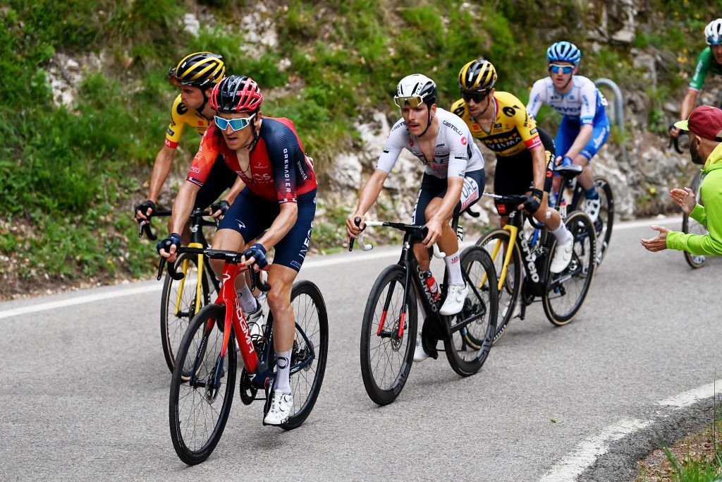 MONTE BONDONE ITALY MAY 23 LR Sepp Kuss of The United States and Team JumboVisma Geraint Thomas of The United Kingdom and Team INEOS Grenadiers Joo Almeida of Portugal and UAE Team Emirates White best young jersey Primo Rogli of Slovenia and Team JumboVisma and Eddie Dunbar of Ireland and Team Jayco AlUla compete in the breakaway during the 106th Giro dItalia 2023 Stage 16 a 203km stage from Sabbio Chiese to Monte Bondone 1642m UCIWT on May 23 2023 in Monte Bondone Italy Photo by Tim de WaeleGetty Images