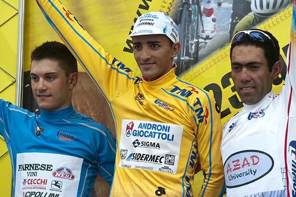 Tour competition jersey leaders (l-r): Andrea Guardini (sprint points), Jonnatha Monsalve (kom and tour lead), and Rahim Emami (best placed Asian).