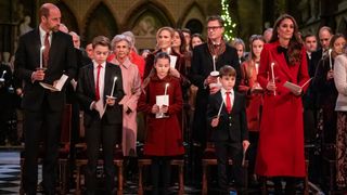 The Prince of Wales, Prince George, Princess Charlotte, Prince Louis and Catherine, Princess of Wales during the 'Together At Christmas' Carol Service at Westminster Abbey on December 6, 2024