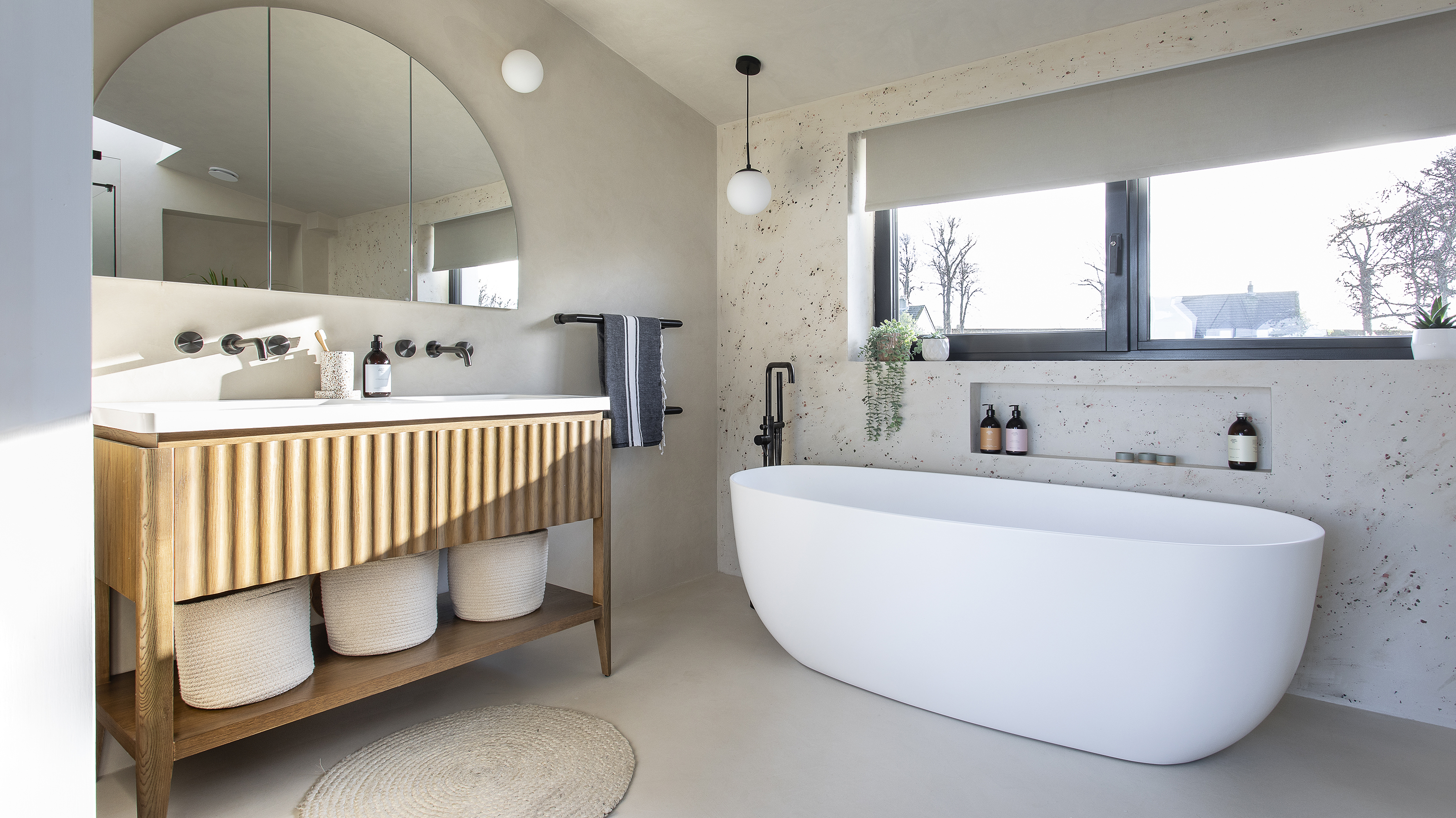 bathroom with wooden reeded unit