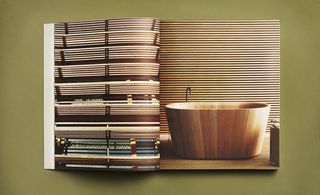 Highly wooden interior of bathroom on page of book