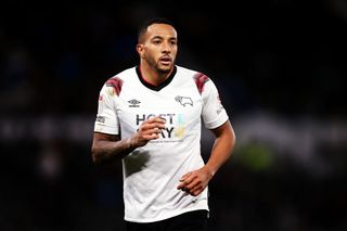 Nathaniel Mendez-Laing of Derby County in action during the Sky Bet League One match between Derby County and Reading at Pride Park Stadium on March 12, 2024 in Derby, England. (Photo by Naomi Baker/Getty Images)