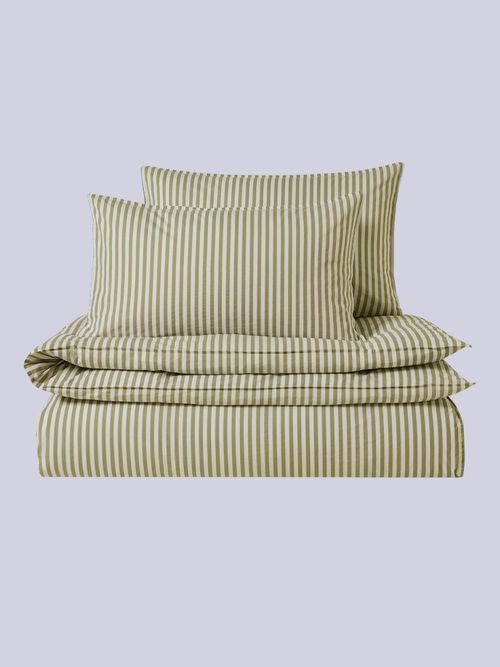 Washed Cotton Printed Stripe 200 Thread Count Duvet Cover & Pillowcase Set - Olive