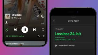 An image of Spotify Lossless settings on an iPhone next to a song being played with the Lossless label 