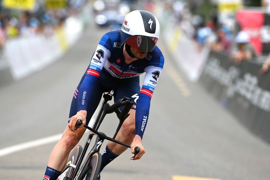 ABTWILL SWITZERLAND JUNE 18 Kasper Asgreen of Denmark and Team Soudal QuickStep crosses the finish line during the 86th Tour de Suisse 2023 Stage 8 a 257km individual time trial from St Gallen to Abtwil UCIWT on June 18 2023 in Abtwil Switzerland Photo by Tim de WaeleGetty Images