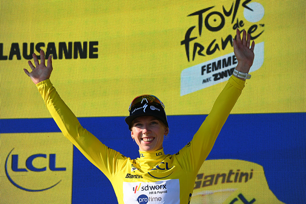 LAUSANNE, SWITZERLAND - AUGUST 01: Lorena Wiebes of Netherlands and Team SD Worx - Protime celebrates at podium as Yellow Leader Jersey winner during the 5th Tour de France Femmes 2026, Stage 1 a 138km stage from Lausanne to Lausanne / #UCIWWT / on August 01, 2026 in Lausanne, Switzerland. (Photo by Tim de Waele/Getty Images)
