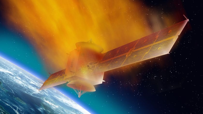 An artist's illustration of a satellite burning up on reentry