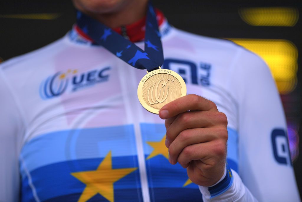 PLOUAY FRANCE AUGUST 24 Podium Stefan Kung of Switzerland Gold Medal European Champion Jersey Celebration Detail view during the 26th UEC Road European Championships 2020 Mens Elite Individual Time Trial a 256km race from Plouay to Plouay ITT UECcycling EuroRoad20 on August 24 2020 in Plouay France Photo by Luc ClaessenGetty Images