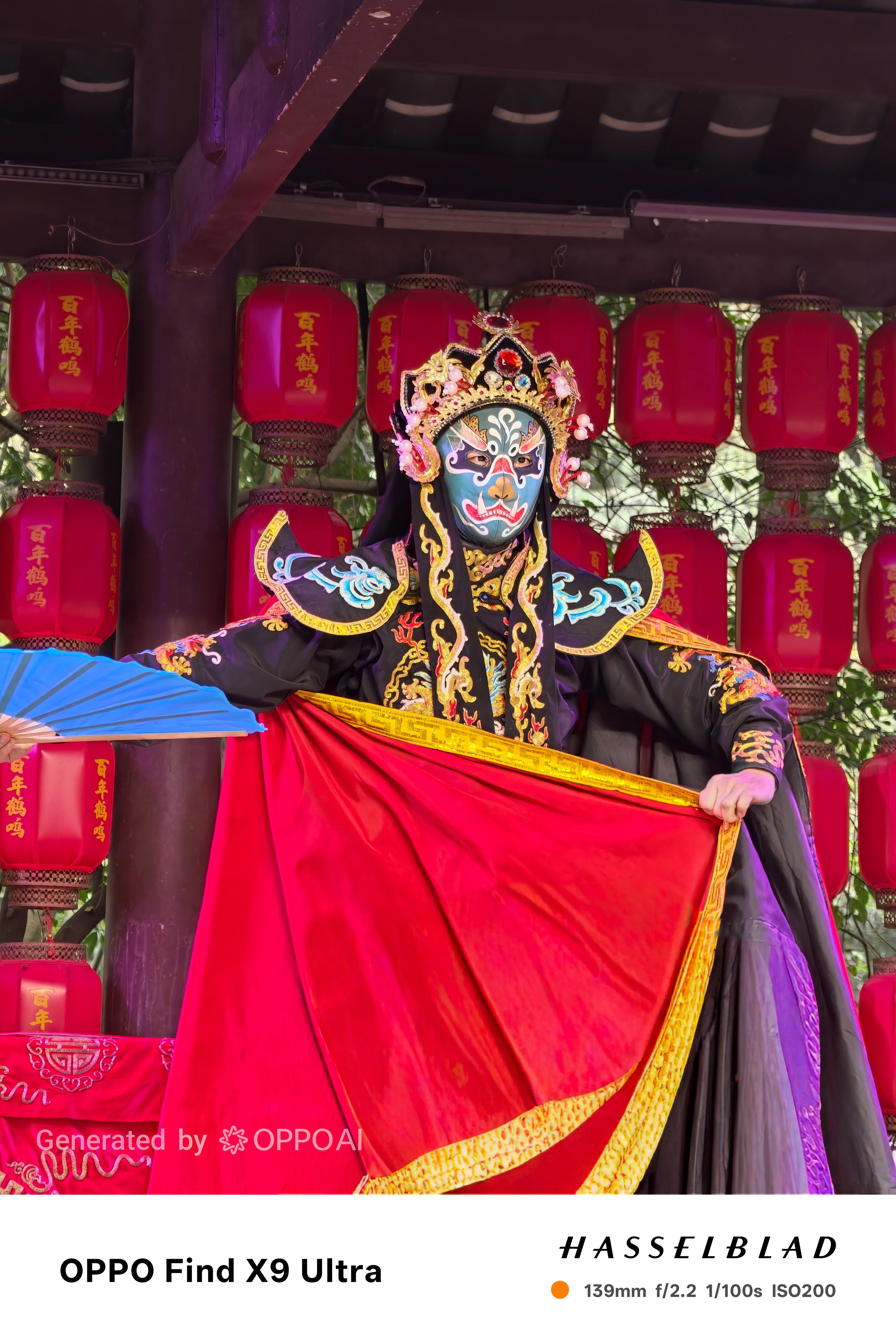 AI-enhanced performer in colorful costume and painted mask, posed before rows of red lanterns
