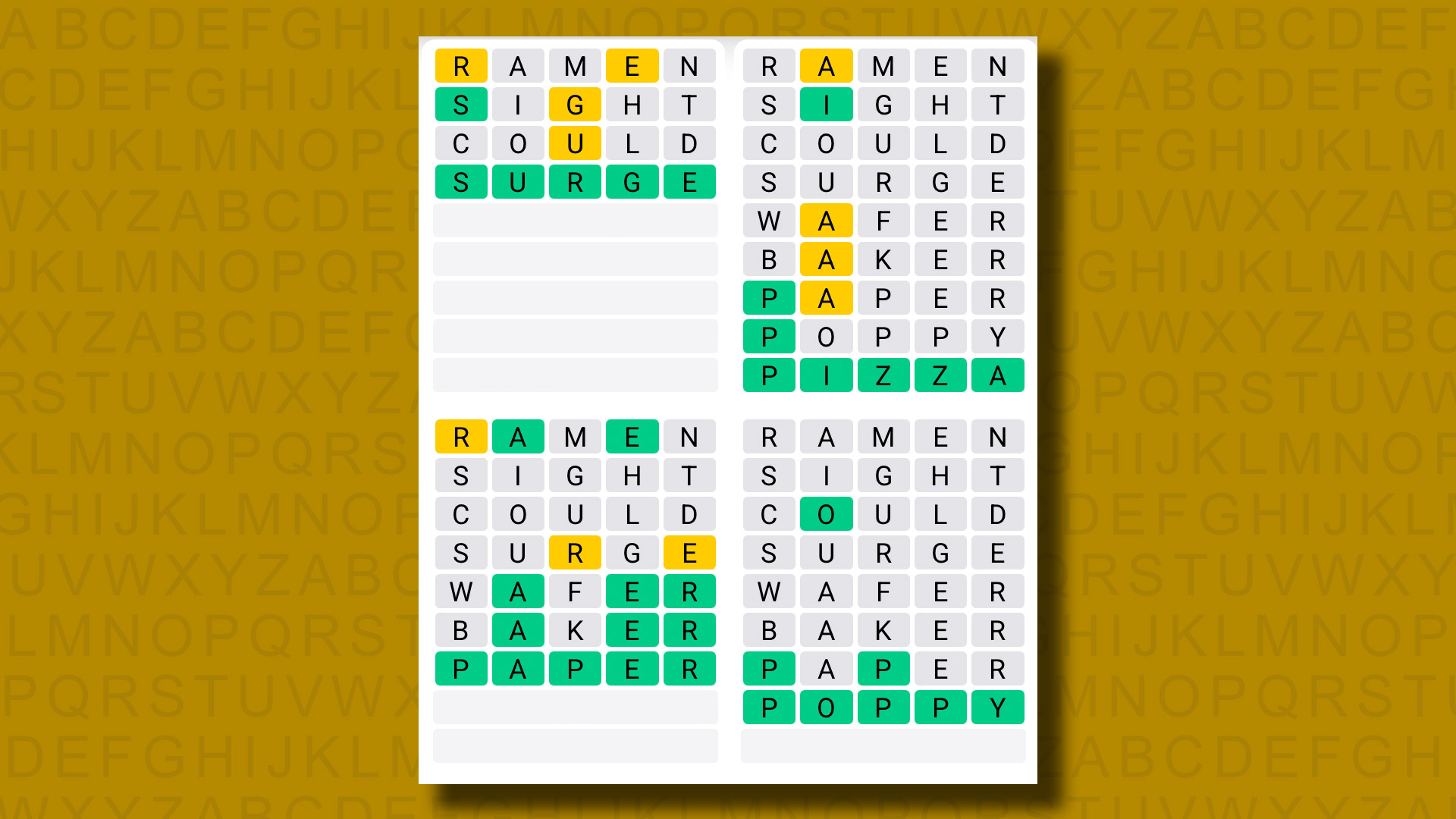 Quordle answers for game 1267 on a yellow background